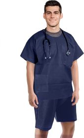 Disposable Scrubs Top and Bottom X-Large. Polypropylene Shirts and Shorts. Pack of 10 of Medical Scrub Top and Shorts; Dark Blue Shorts with Tie; Pock