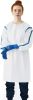 Disposable Gowns. Pack of 5 White Adult Isolation Gowns 3X-Large. 35 gsm SMS Medical Gowns with Tie Back Closure and Elastic Cuffs. Unisex Lab Coats.