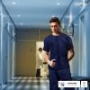 Disposable Scrubs Top and Bottom Large. 55 GSM Polypropylene Shirts and Pants. 5 Sets of Medical Scrub Top and Pants; Dark Blue Pants with Tie; Pocket