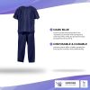 Disposable Scrubs Top and Bottom Large. 55 GSM Polypropylene Shirts and Pants. 5 Sets of Medical Scrub Top and Pants; Dark Blue Pants with Tie; Pocket