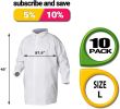 Pack of 10 Lab Coats. White Large Unisex Disposable Microporous Polypropylene Robes. 60 GSM Heave Duty PP Lab Coat. Hook and Loop Fastener Closure Ela