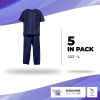 Disposable Scrubs Top and Bottom Large. 55 GSM Polypropylene Shirts and Pants. 5 Sets of Medical Scrub Top and Pants; Dark Blue Pants with Tie; Pocket